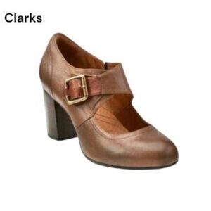 Clarks Leather Town Club Mock Strap Mary Jane High Heel Pump Brown Women 8.5